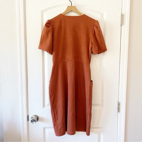 DOWNEAST Button Front Puff Sleeve Midi Dress - Picture 2 of 9